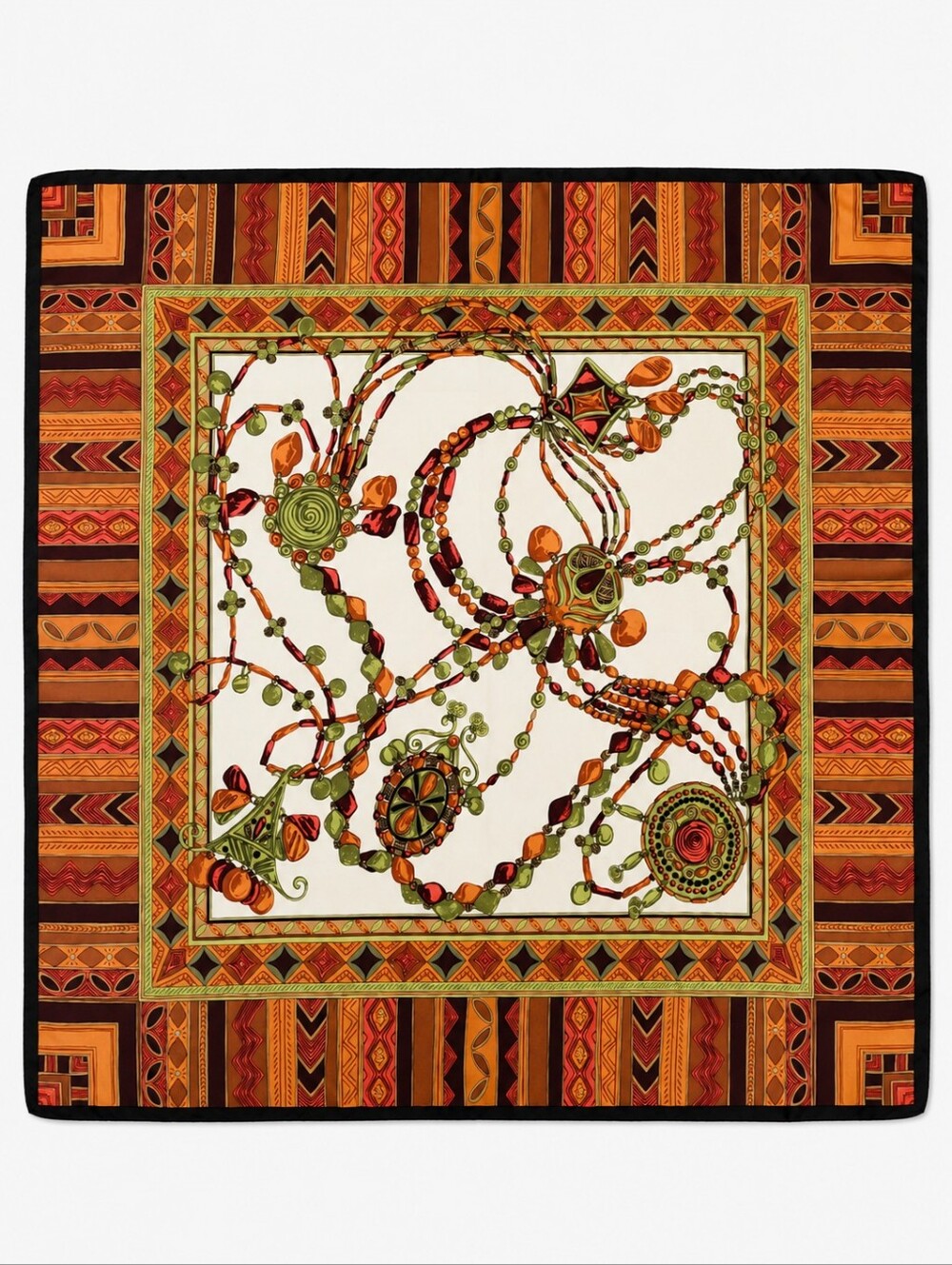 100% Silk Square Scarf Tribal Beaded Jewelry Print Earth Tone Boho